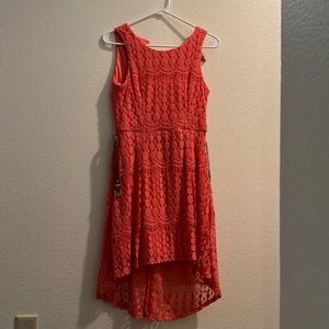 Coral, high-low, Sequin Hearts dress.